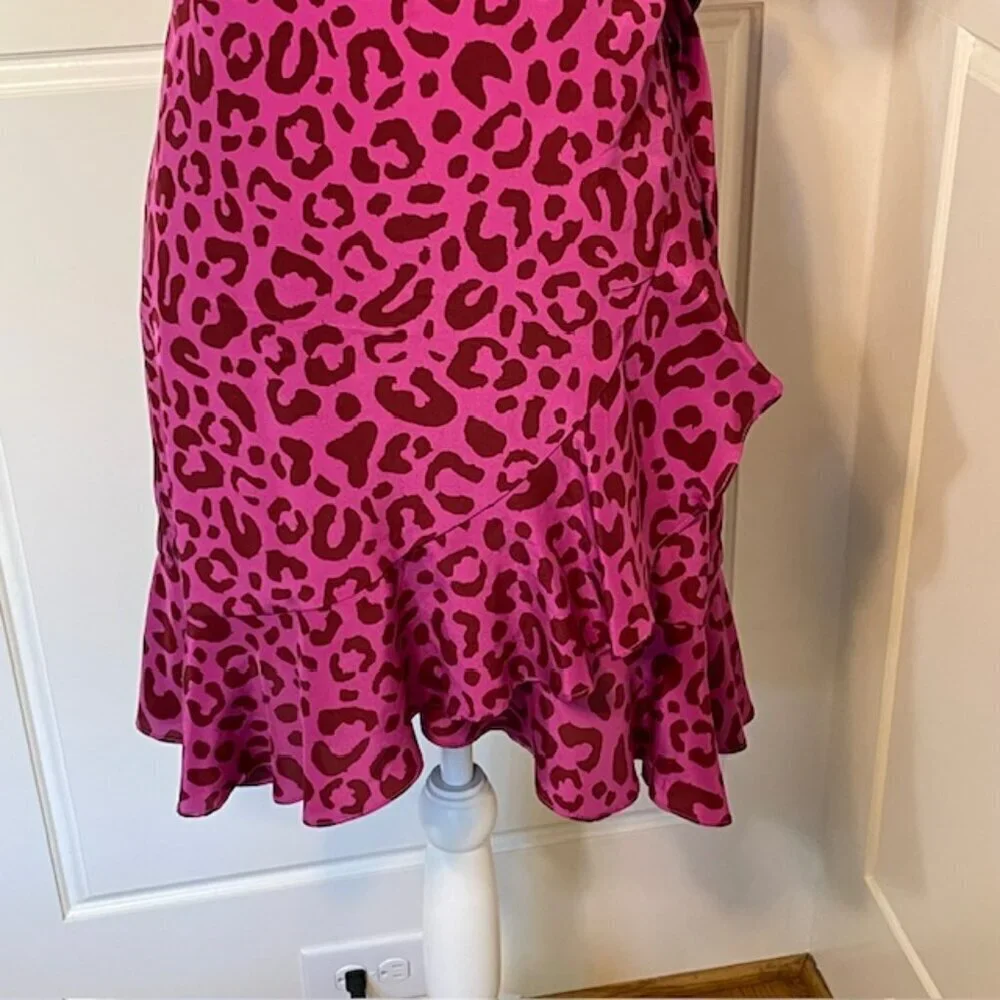 Marie Oliver Silk Leopard Wrap Dress Pink Ruffle Mini XS - Picture 4 of 12